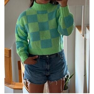My Michelle Sweater Green And Blue Squares Sz Medium  Pullover Women's